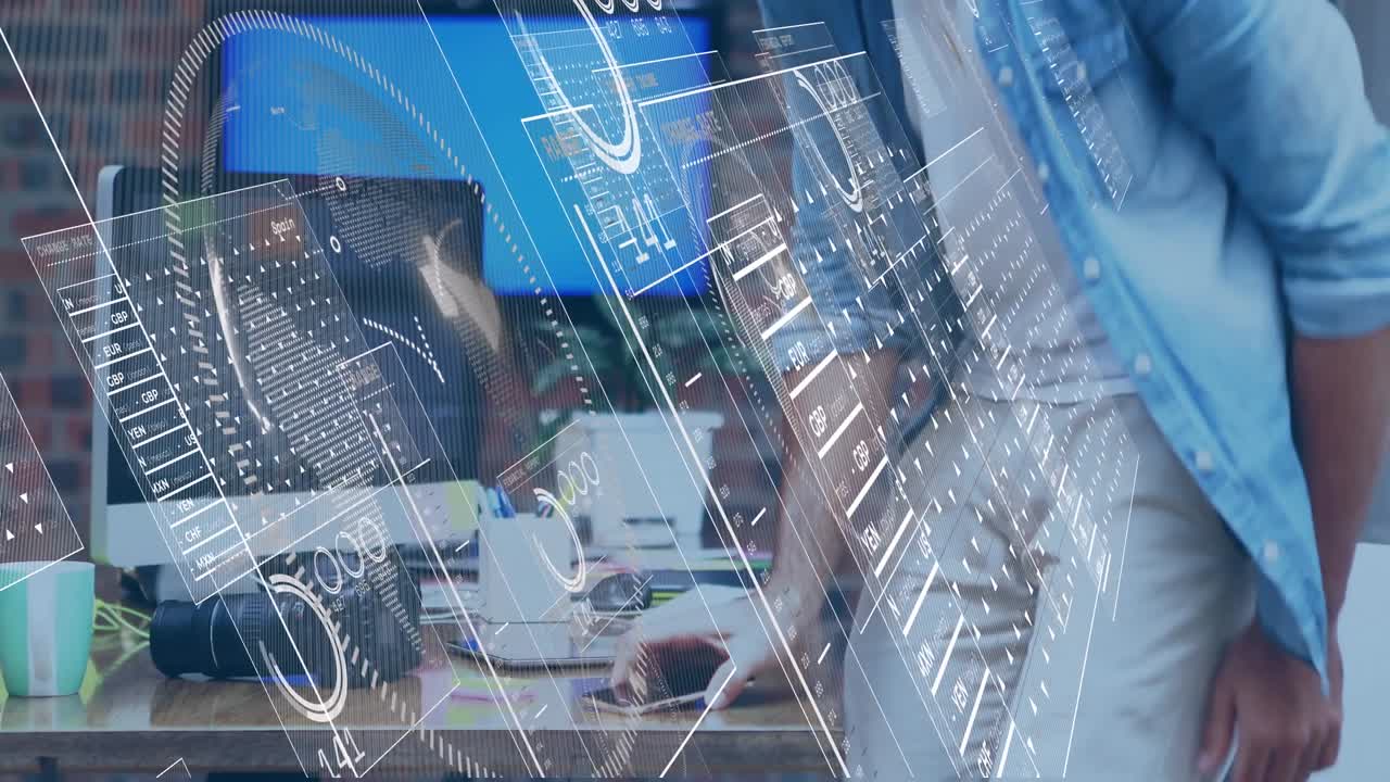 Animation of numbers and data processing over businessman using smartphone
