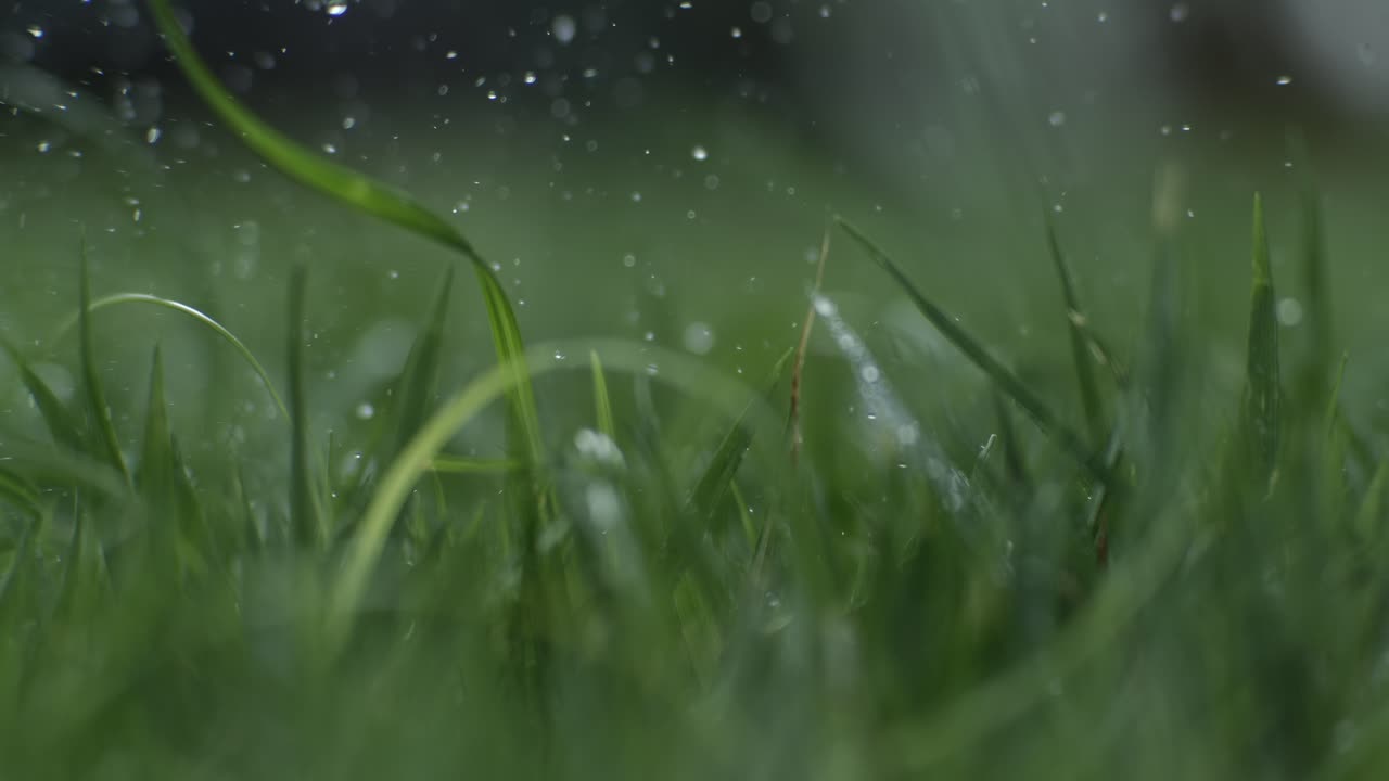 Unsuccessful Golf club hits a golf ball in a super slow motion. Drops of morning dew and grass particles rise into the air after the impact. Shot on super slow motion camera 1000 fps.