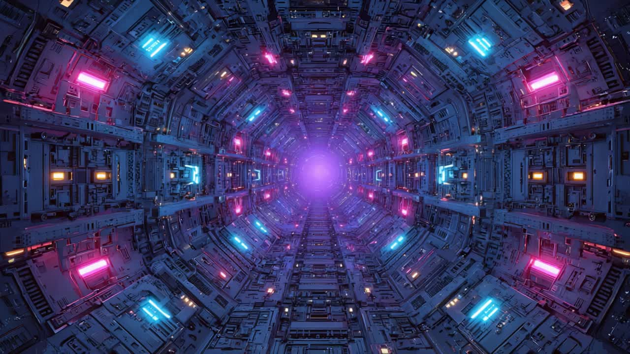 Un viaggio futuristico attraverso un tunnel ad alta tecnologia caratterizzato da luci al neon ed elementi di tecnologia avanzata che creano un'atmosfera fantascientifica vivida