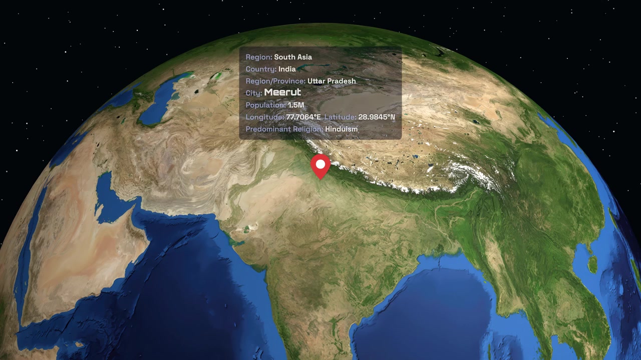 Digital globe rotates and zooms into a specific location marker in northern India from space