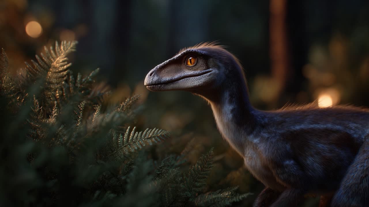 Rappresentazione realistica di un dinosauro nel suo habitat naturale, che mostra dettagli intricati delle sue piume e il suo sguardo penetrante tra felci lussureggianti in un ambiente forestale.