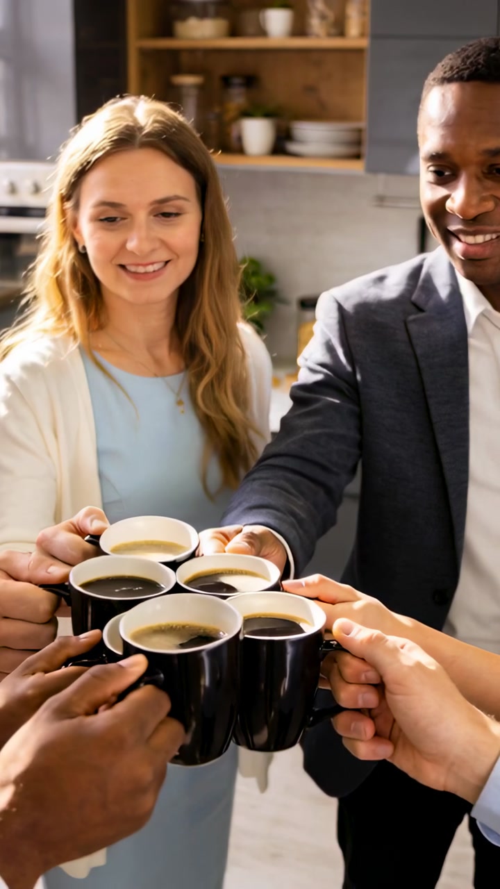 Vertical video: Clinking team in workwear holding coffee mugs in kitchen at break, toasting success