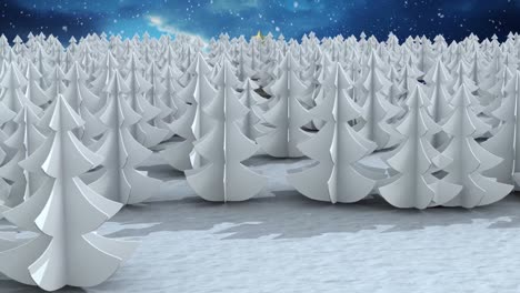 Animation-of-snow-falling-over-multiple-trees-on-winter-landscape-against-night-sky