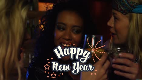 animation of happy new year text over diverse friends in bar