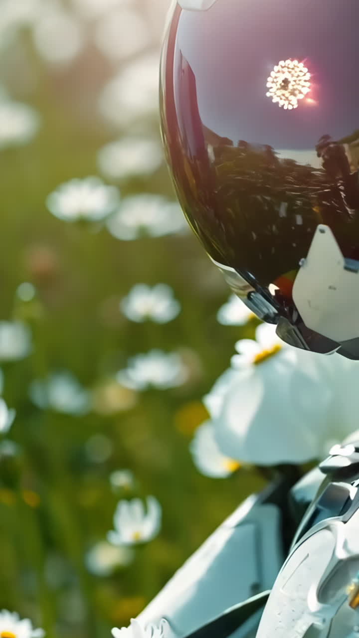 Robot Holding Sunflower in a Colorful Flower Field at Sunrise. A robot admires a bright sunflower surrounded by blooming flowers under the warm glow of morning light. Vertical video