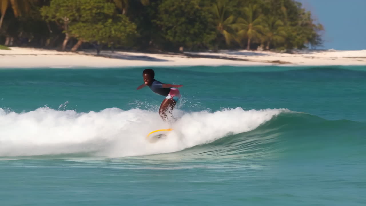Young person surfing on a tropical beach