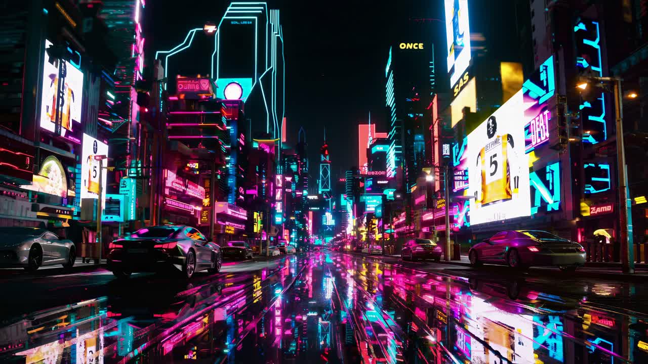 A futuristic cityscape with neon lights, captured from a low-angle, showcasing a vibrant, cyberpunk