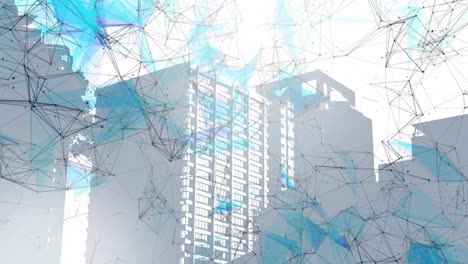 animation of network of connections over cityscape on white background