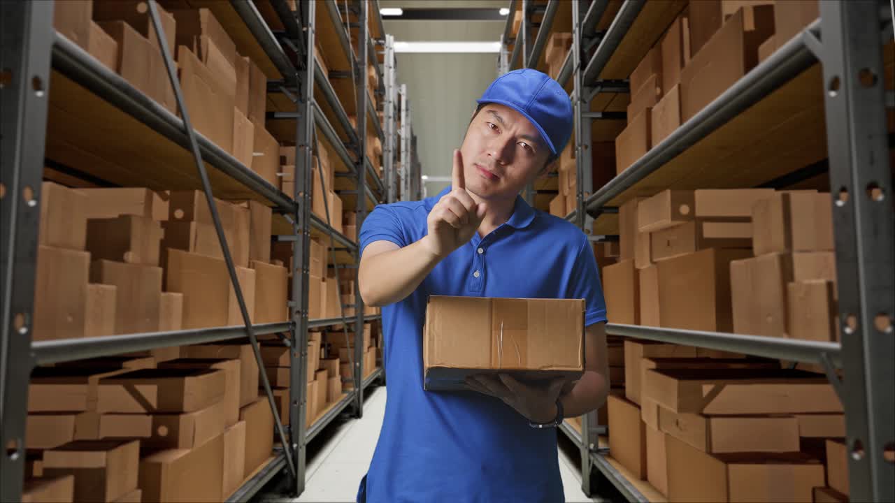 mensajero masculino asiático en uniforme azul que no muestra ningún gesto mientras entrega un cartón en el almacén
