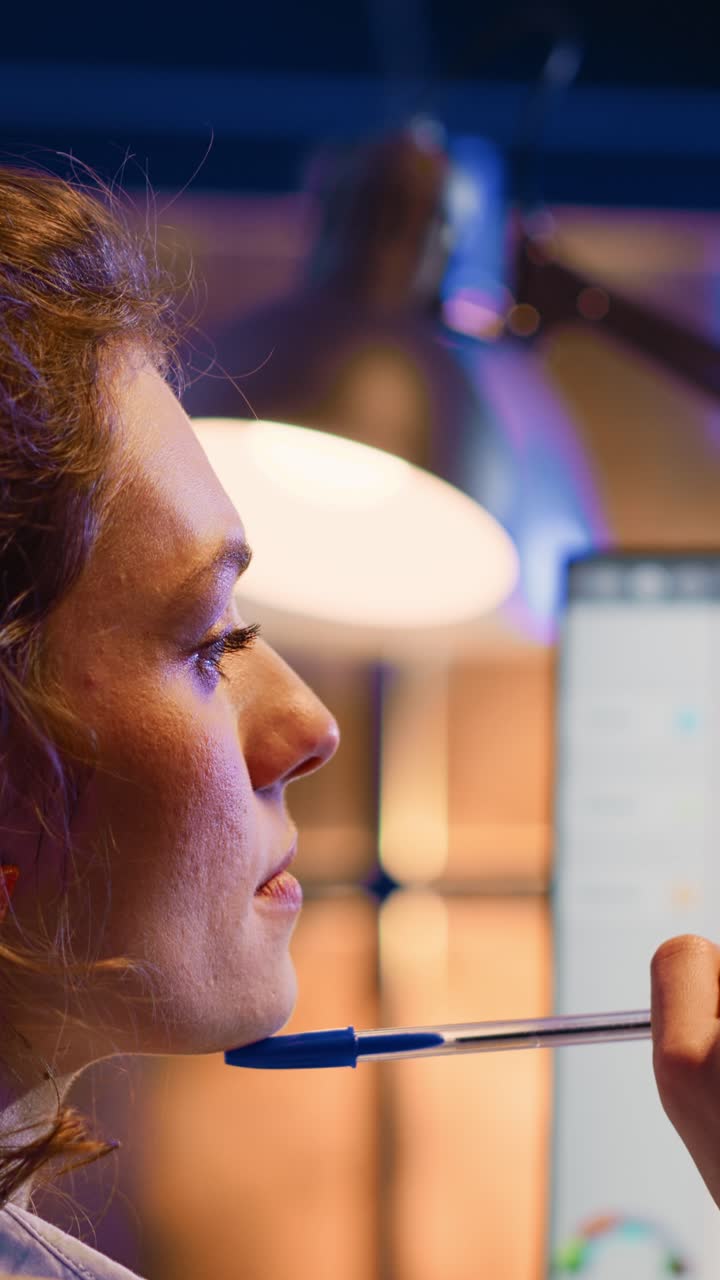 Vertical video: Thoughtful female manager planning investment