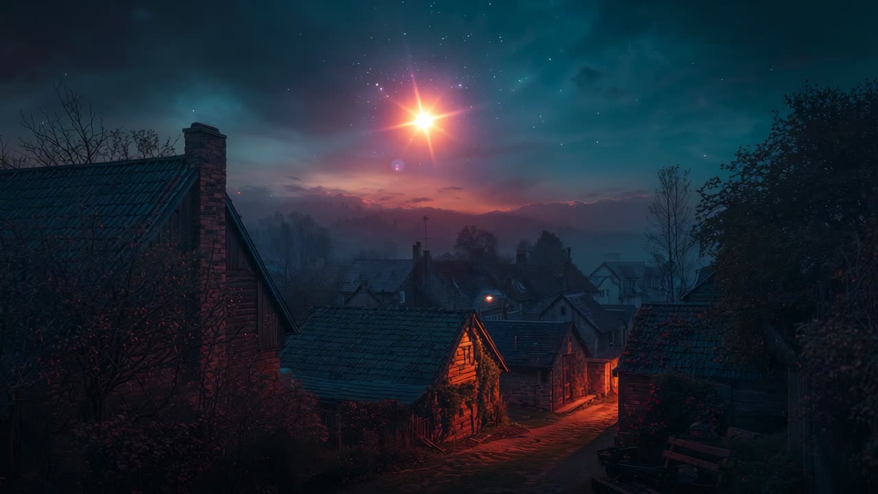 Glowing star appearing above rural village at night, illuminating cottages and dirt road