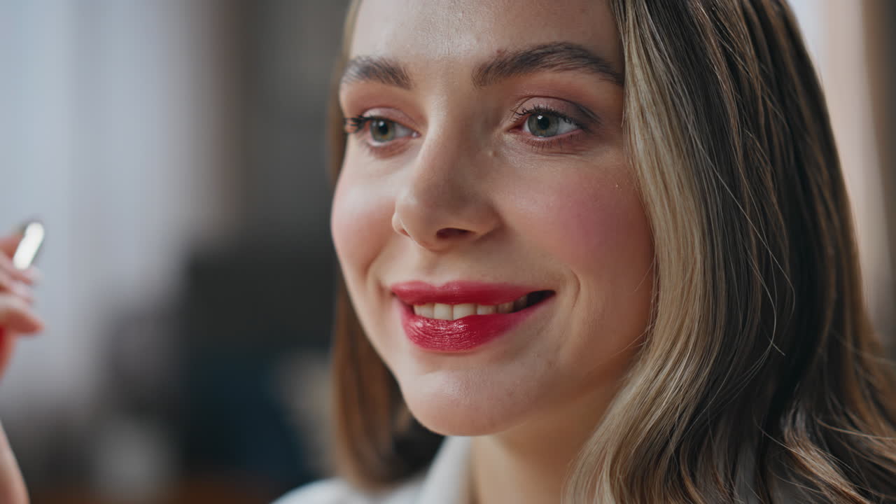 mujer aplicando lápiz labial