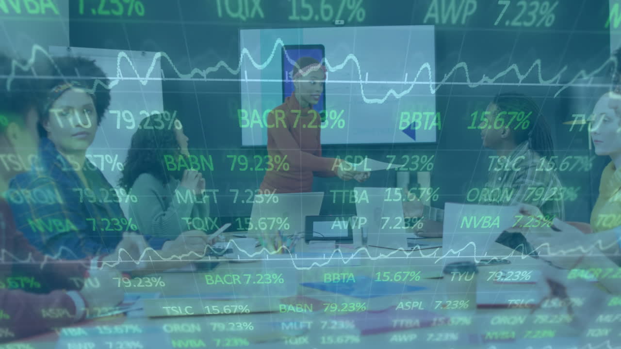 Business meeting with stock market data animation overlaying diverse team discussion
