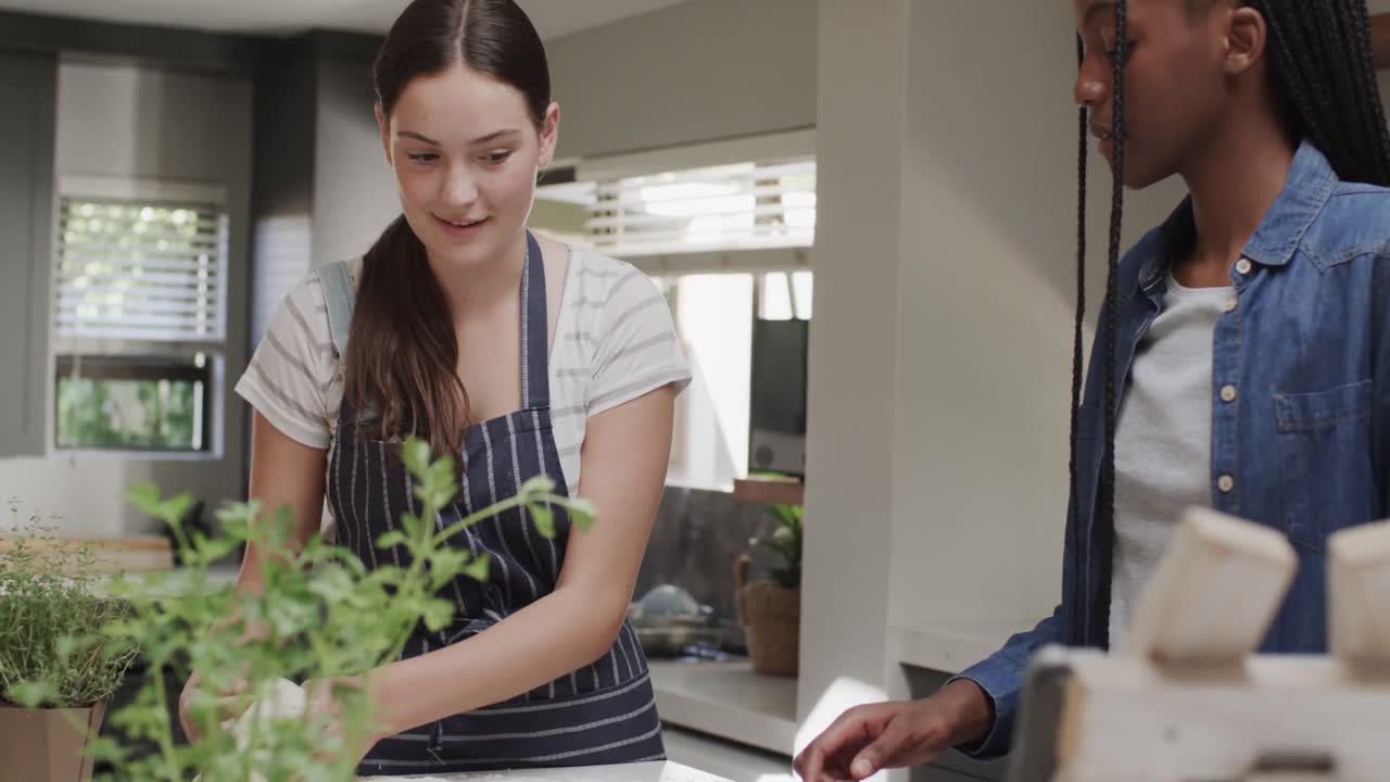 Amigas adolescentes diversas y felices con delantales cocinando a cámara lenta