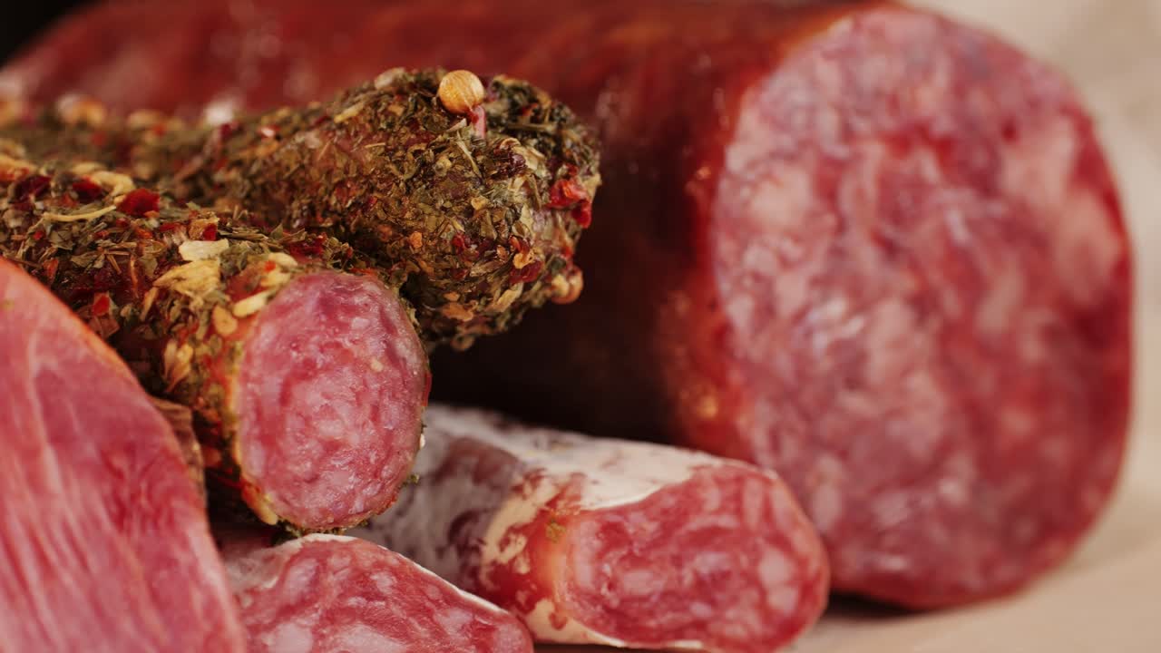 Mix of spanish pork sausages, Cutting board of appetizing catalonian snack - fuet, jamon, chorizo, olives, supermarket tapas food in spain, traditional cuisine.