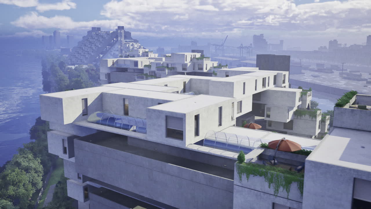 Modern architecture design overlooking waterfront cityscape with cloudy skies