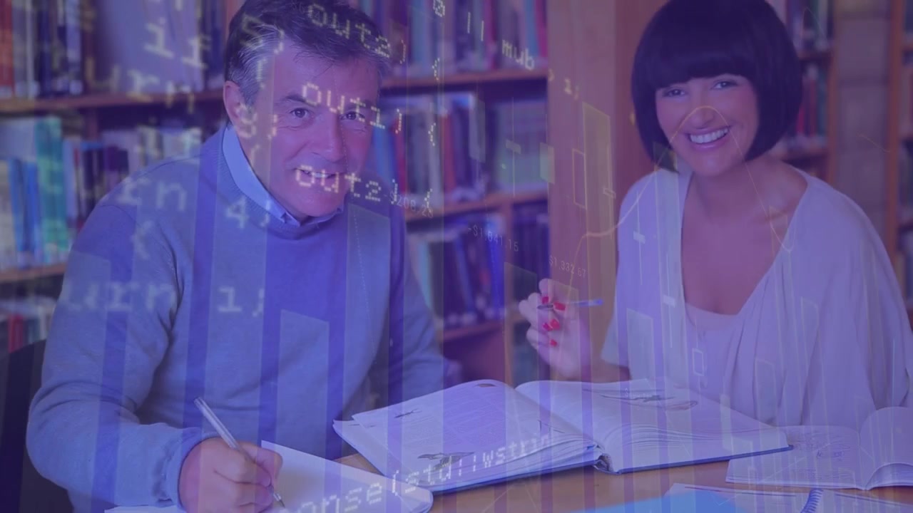Animation of data processing over caucasian teachers in library