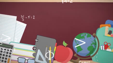 animación de fórmulas matemáticas y dibujos sobre objetos escolares