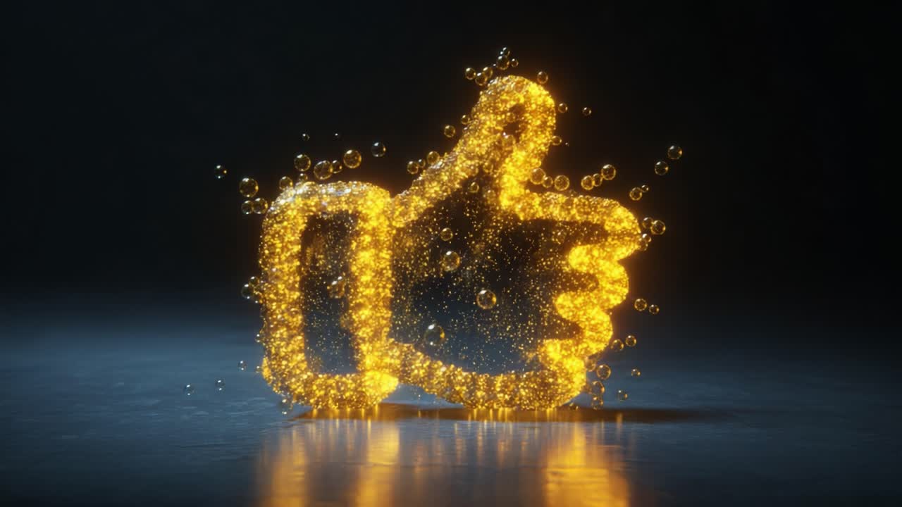 A Glimmering Golden Thumbs Up: Sparkling Gesture Symbolizing Approval and Positivity in an Enchantingly Lit Dark Environment