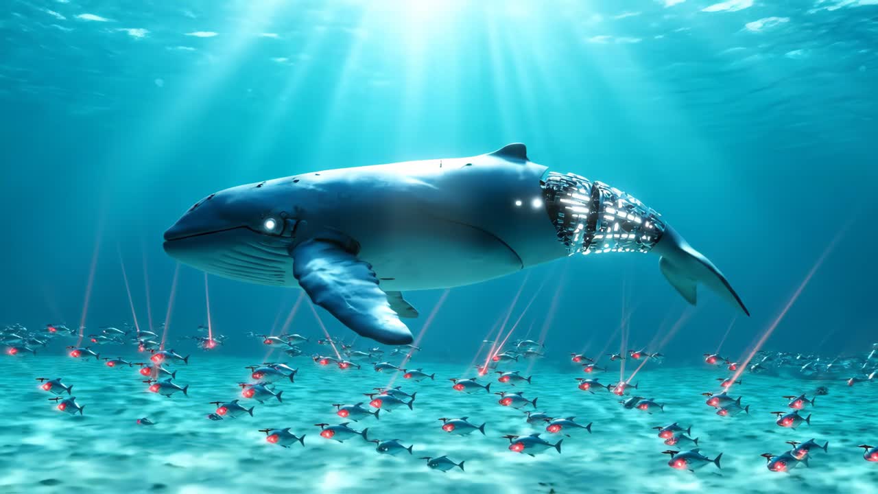 Futuristic Robotic Whale in Ocean with Artificial Fish Swarm