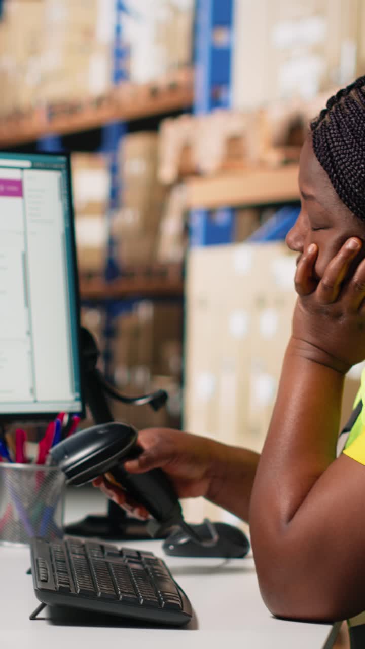 Vertical Video African american overworked woman struggling to stay awake