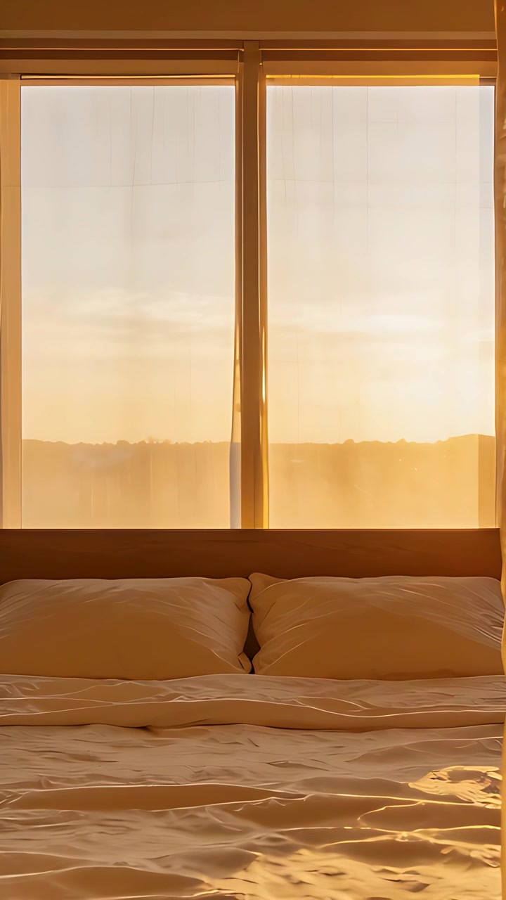 Vertical video: Sliding curtains revealing horizon at bedroom window, letting sun warm bed duvet