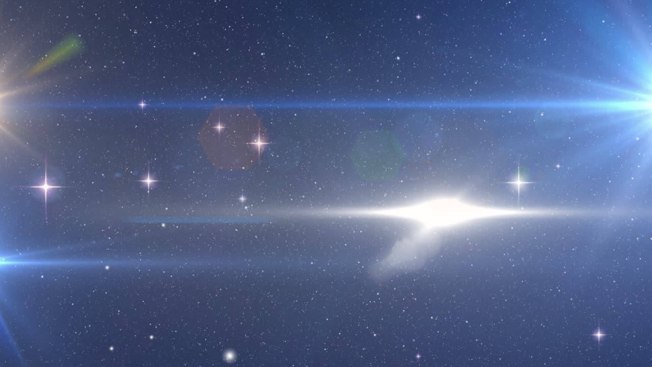 파란색 배경에 빛나는 빛의 반점과 별의 애니메이션