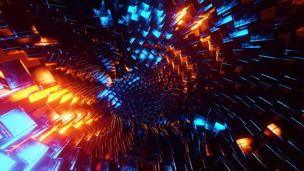 Létání skrz tunel z modrých a oranžových kovových kostek. Nekonečně se opakující animace.