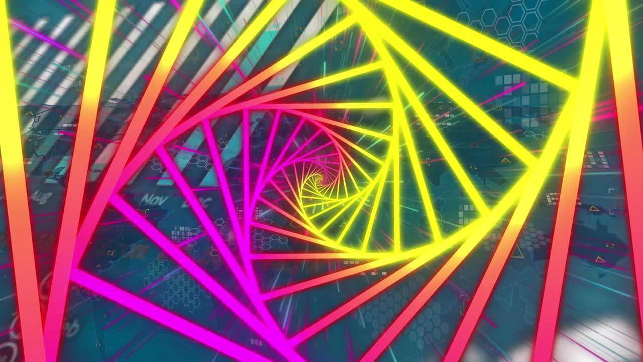 금융 그래프와 데이터 위에 노란색과 분홍색 회전 모양의 애니메이션