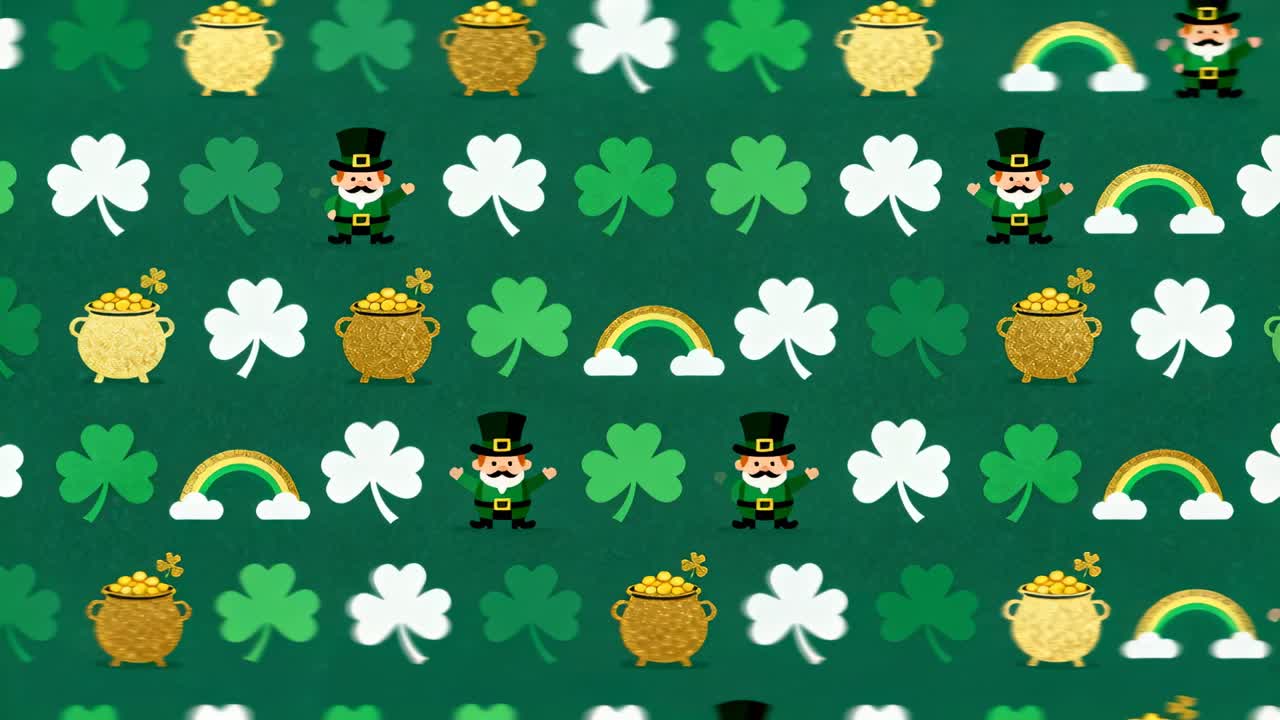 Looping St Patrick pattern scrolling left on green field, showing shamrocks pots top-hat leprechaun