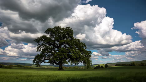 majestic oak tree in a green field under a dramatic sky