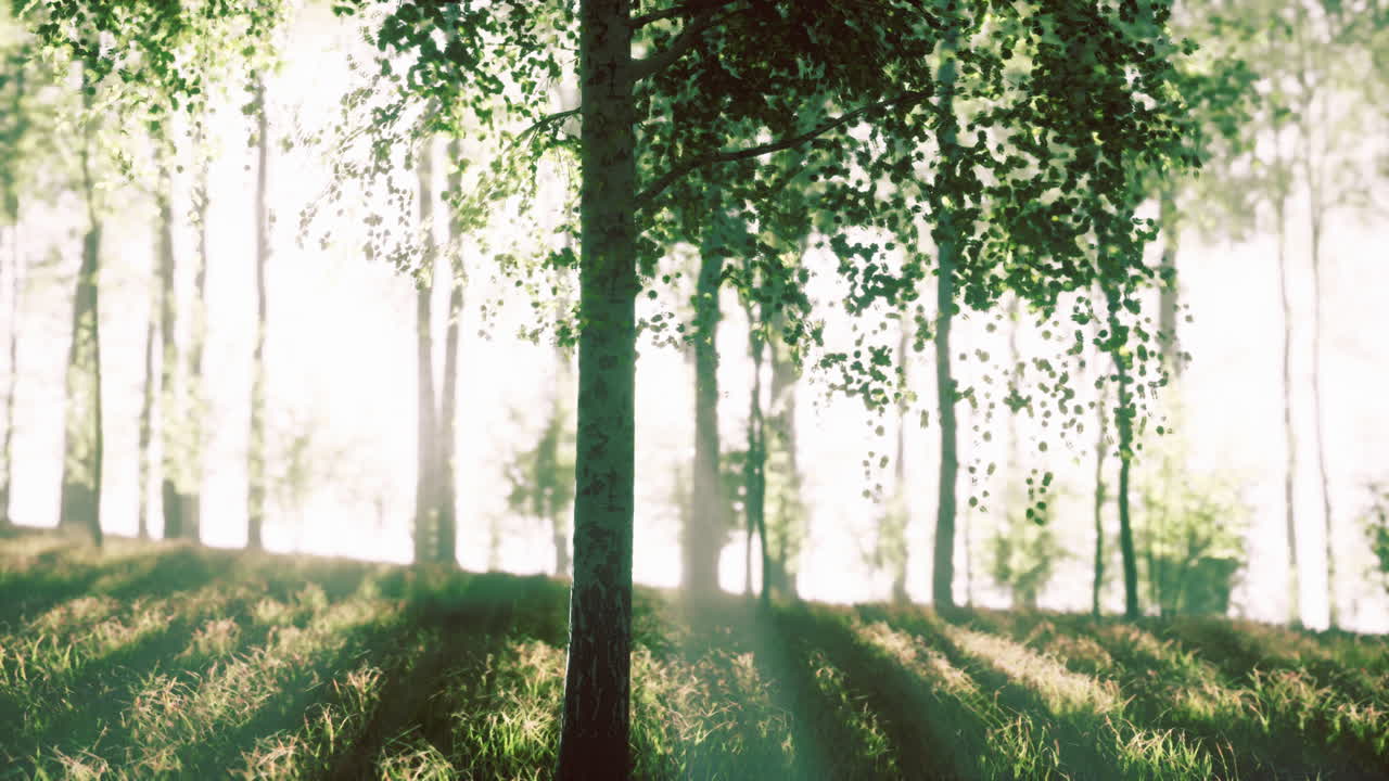 숲 속 의 나무 를 통해 빛 이 필터링 되는 것