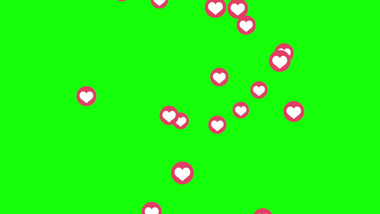 Symbol of hearts in a red circle floats from the bottom up on a green screen. Animation background for social networks. Like sign.