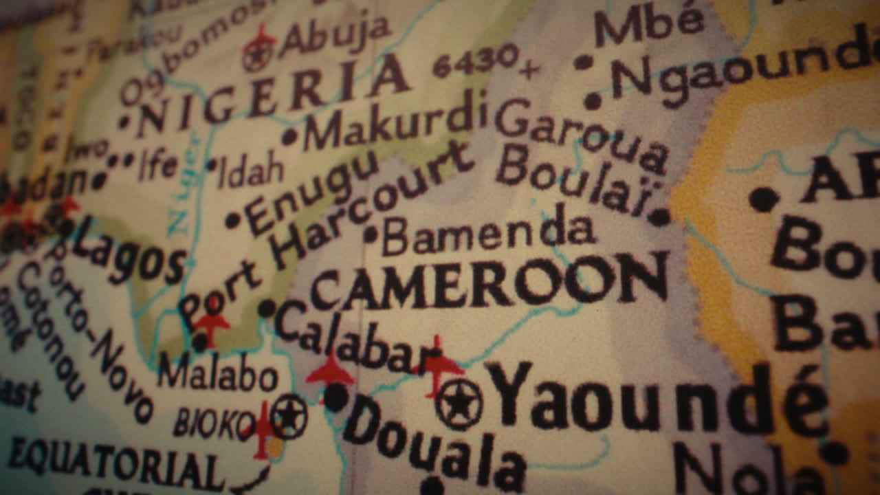 A close-up view of a map showing Cameroon and neighboring West African countries