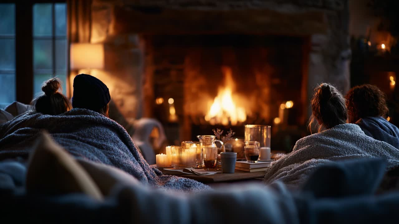 A Cozy Evening by the Fireplace: Friends Gather Around with Warm Cozy Blankets, Sipping Drinks and Enjoying Candles for a Relaxing and Intimate Atmosphere at Home