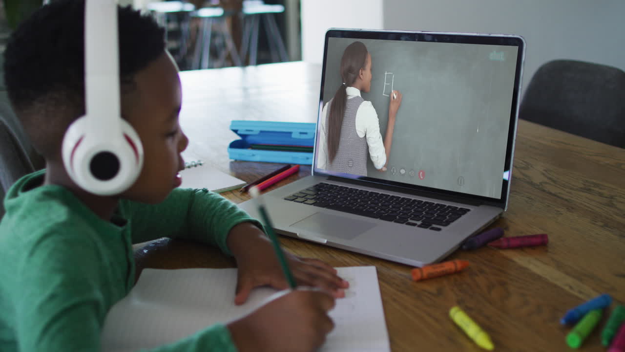 Menino afro-americano sentado à escrivaninha usando notebook tendo aula escolar online