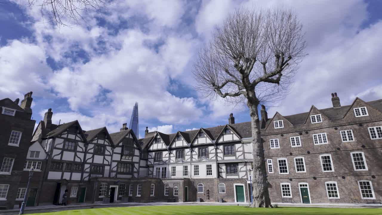 Panning shot of Tower Green, Tower of London, London, England, United Kingdom - March 28, 2024