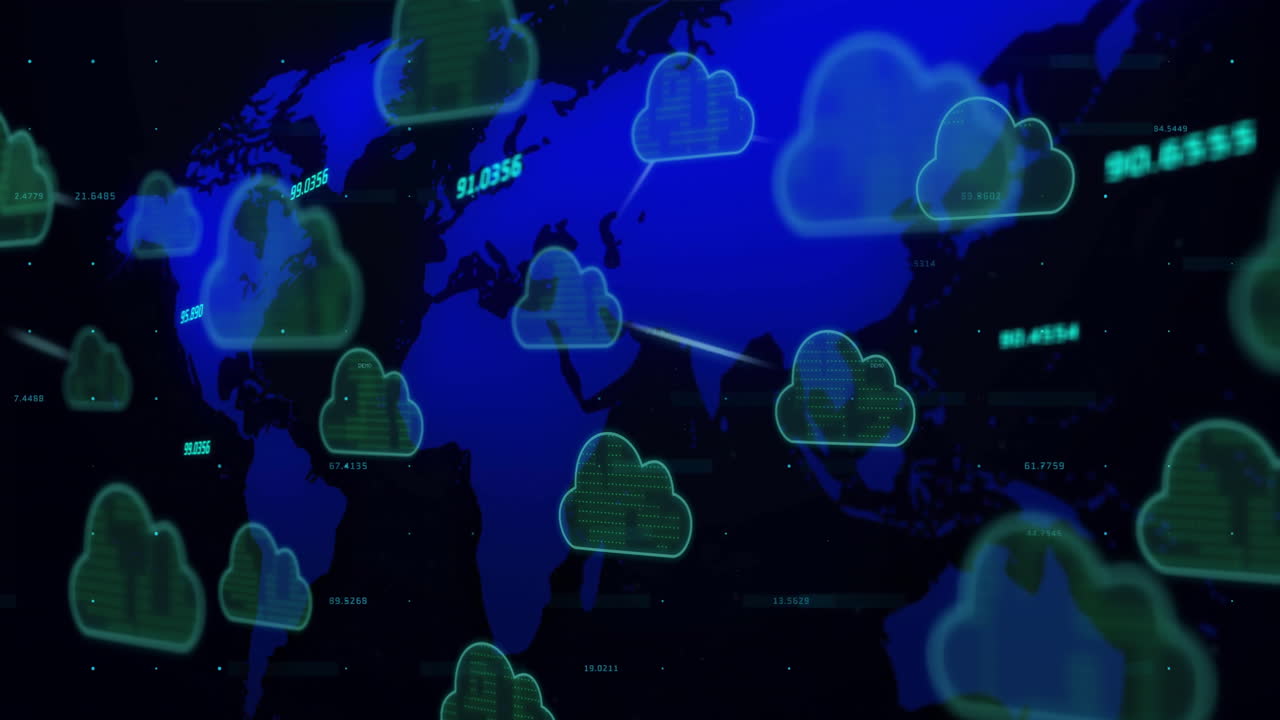 animación del procesamiento de datos y el mapa del mundo a través de nubes digitales
