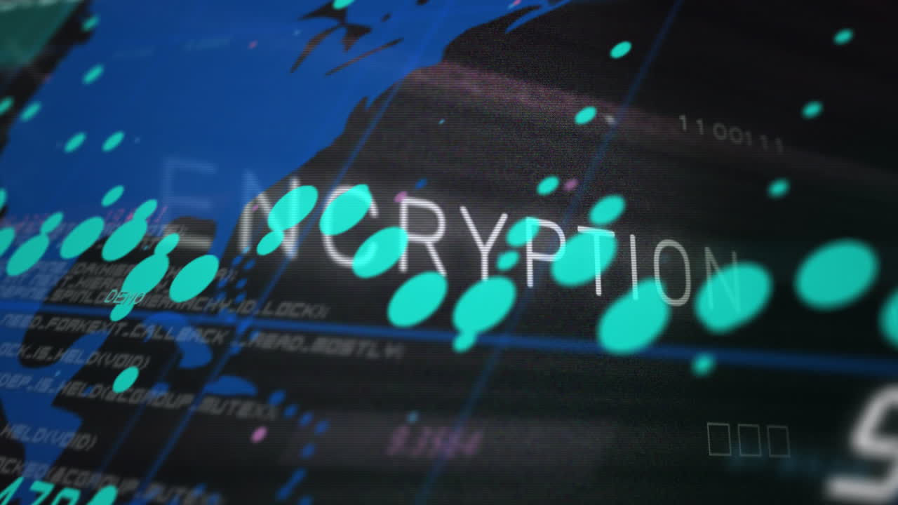 Animation of encryption text over computer circuit board and data processing