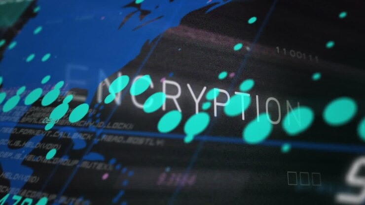 Animation of encryption text over computer circuit board and data processing