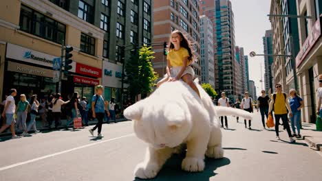 girl riding a giant cat in the city