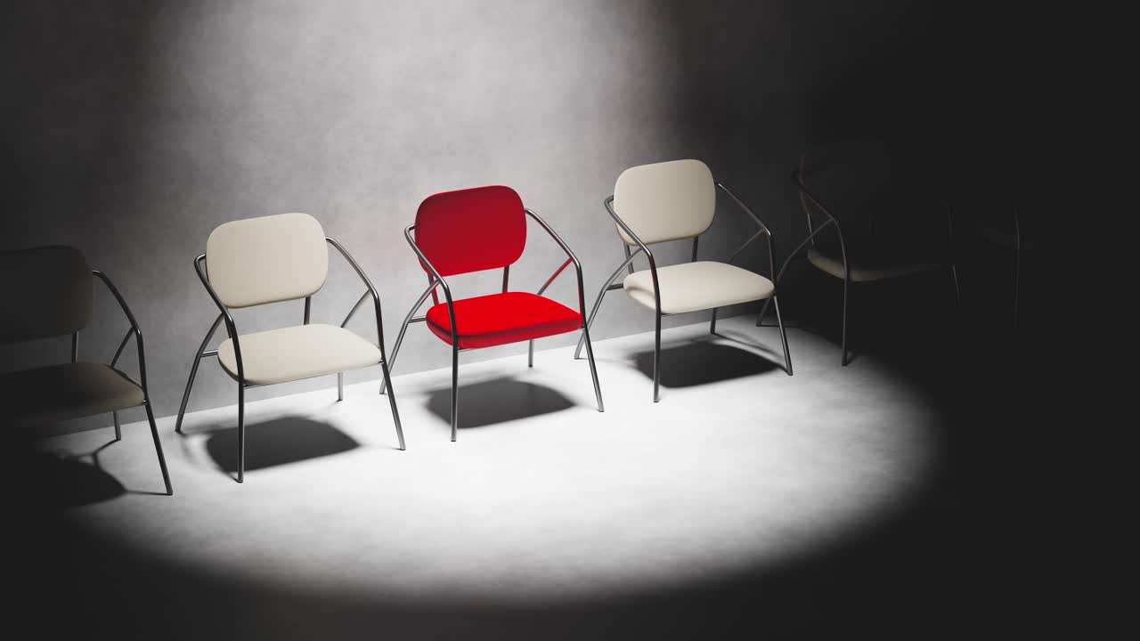 Spotlight Shines on a Single Red Chair in a Row of Empty Chairs