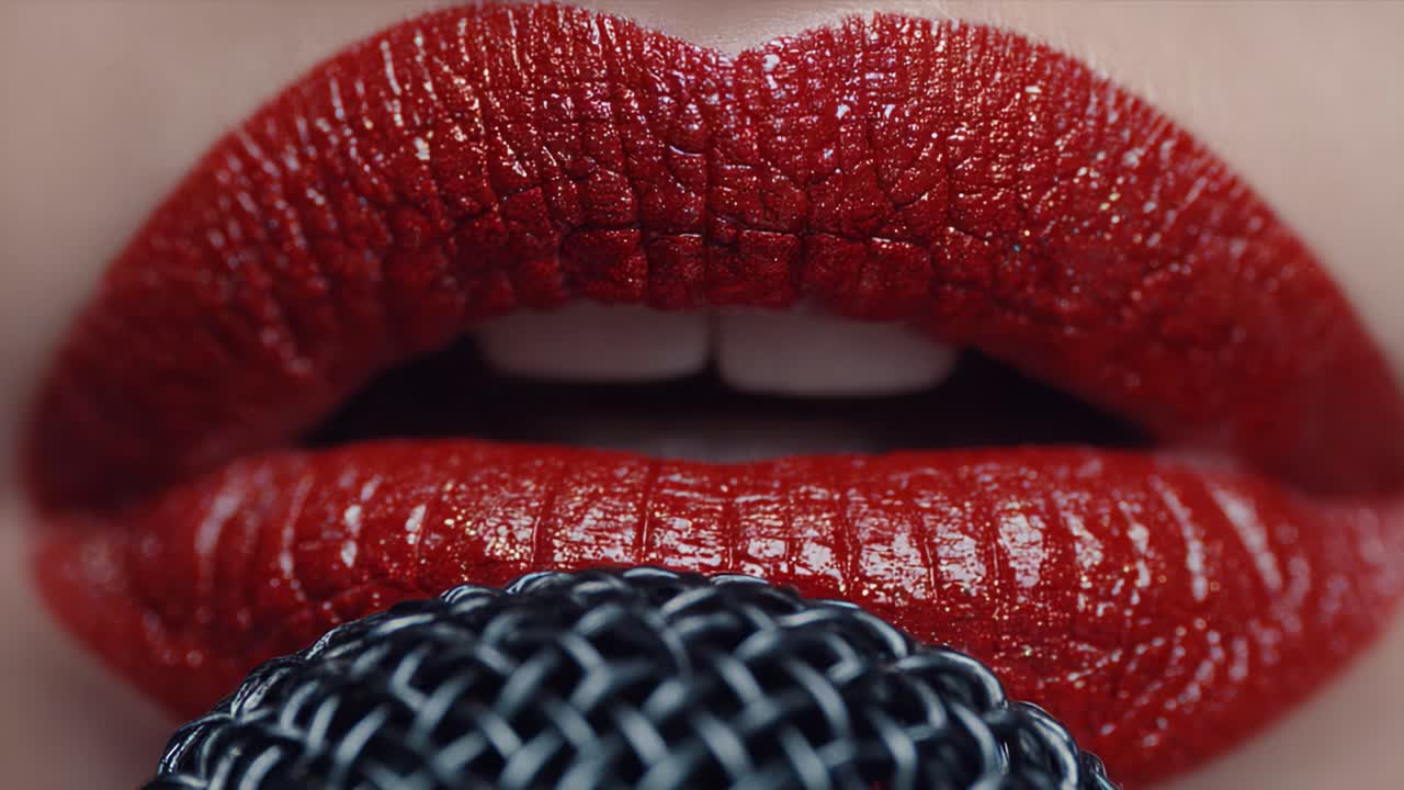 A Close-Up View of Glossy Red Lips Holding a Microphone, Capturing the Essence of Performance and Expression in Music and Artistry