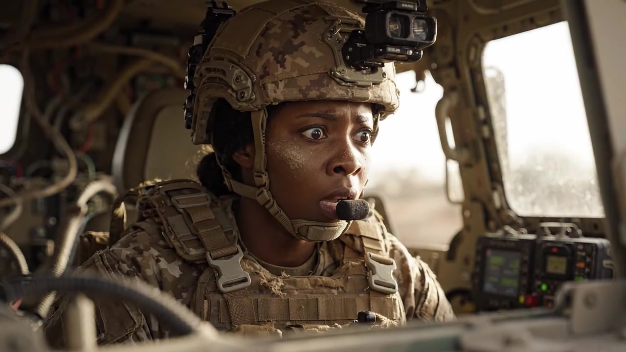 Un momento di tensione per un soldato: espressione concentrata in mezzo all'incertezza in un veicolo militare cattura l'intensità della prontezza al combattimento e della risposta emotiva.