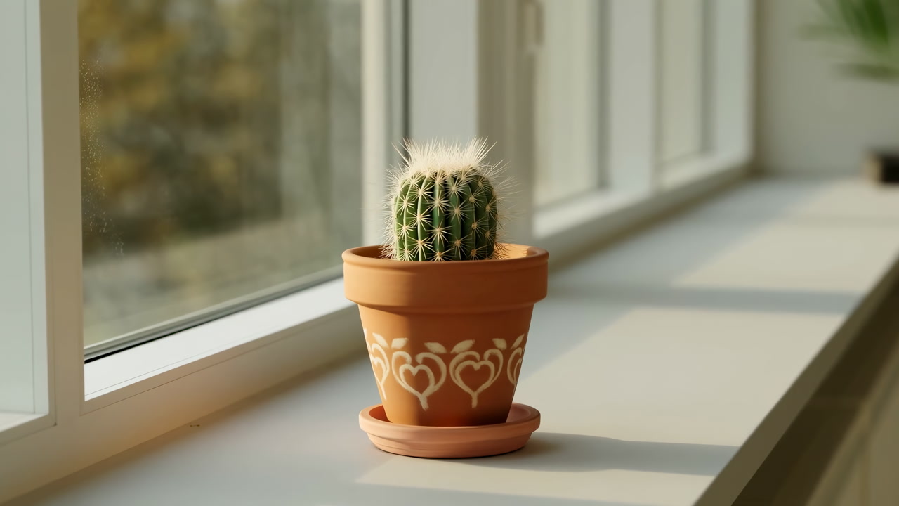 Cactus On Windowsill In Sunlight, Terracotta Pot With White Heart Pattern Sits On Bright Sill, Golden Morning