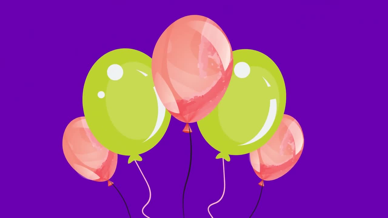 Animazione di palloncini colorati che volano su macchie su sfondo blu