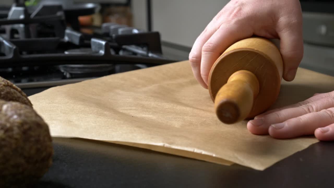 Chef rolls dough beneath brown parchment paper with rolling pin