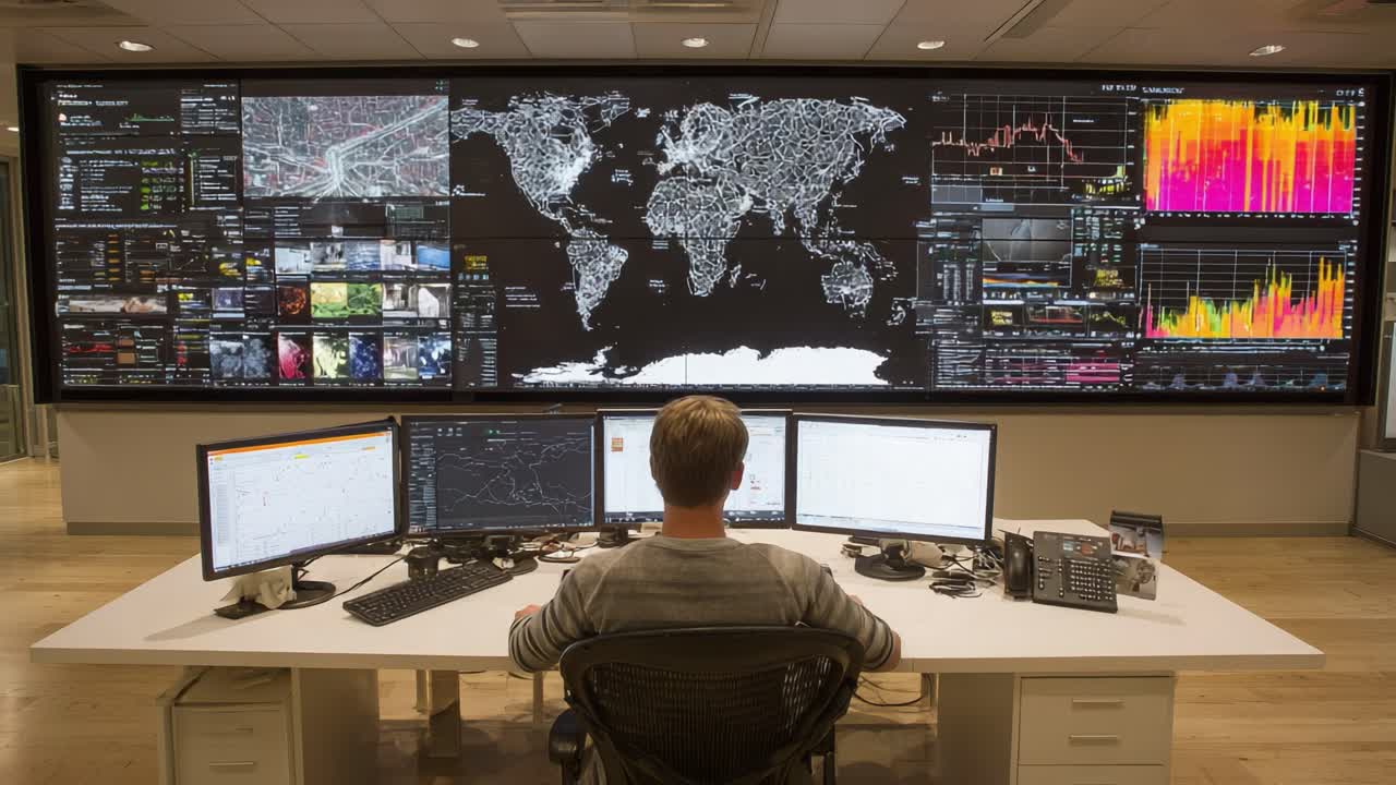 A focused individual analyzes complex data visualizations and world maps on multiple large screens in a high-tech monitoring room, highlighting the importance of data-driven decision making