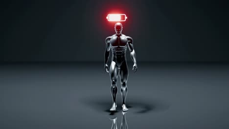 Chrome human figure with low energy slowly losing power, isolated on a white background, a concept related to stress, exhaustion, mental health, and lack of motivation