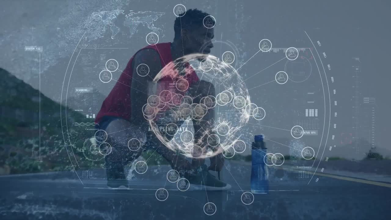 Animation of scope scanning with globe and data processing african american man exercising